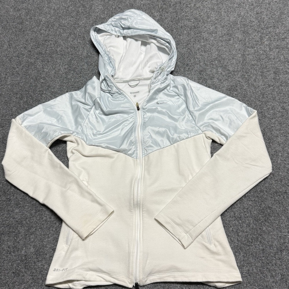 Nike Running Jacket Women XS Blue White Dri-Fit Full Zip Hooded 451401-103